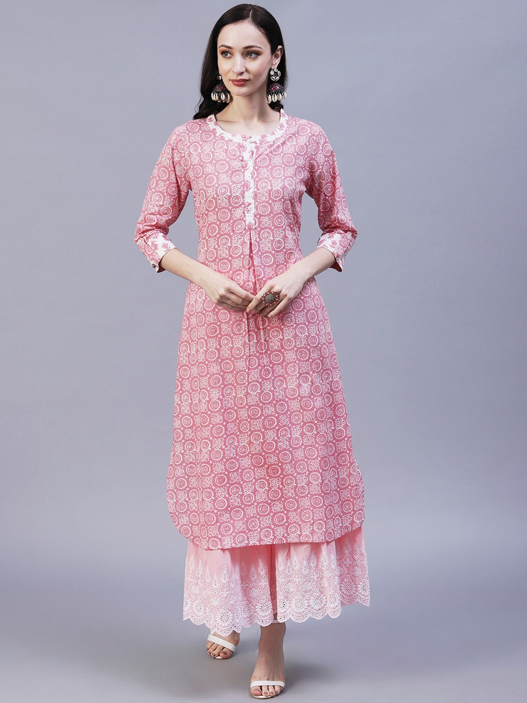 

FASHOR Band Neck Ethnic Motifs Printed Straight Cotton Kurta, Pink