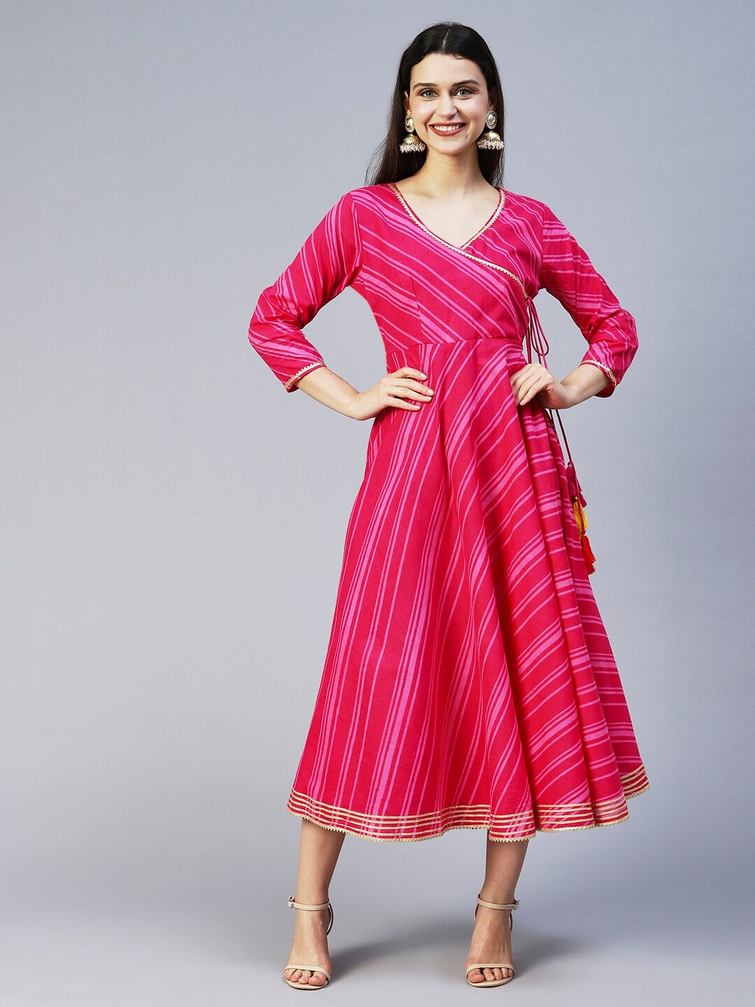 

FASHOR V-Neck Striped A-line Midi Cotton Ethnic Dress, Magenta