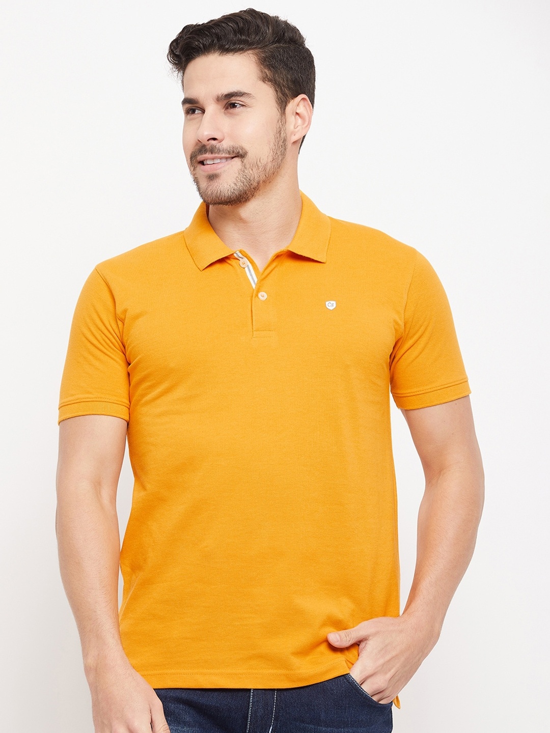 

Cantabil Men Polo Collar Short Sleeve Cotton T-shirt, Mustard