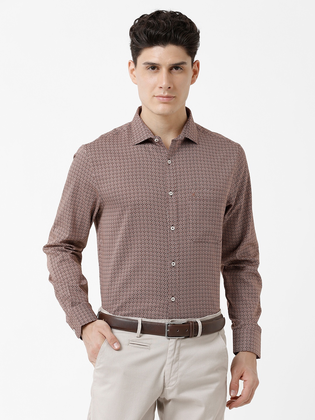 

CROYDON UK Long Button Cuff Sleeves Micro Printed Classic Formal Cotton Shirt, Brown