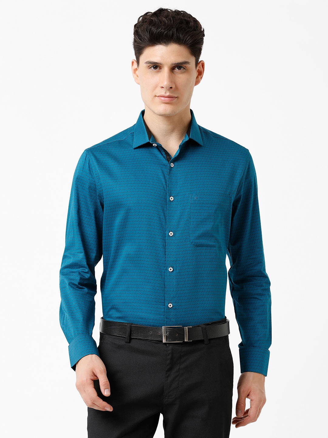 

CROYDON UK Long Button Cuff Sleeves Micro Printed Classic Formal Cotton Shirt, Teal