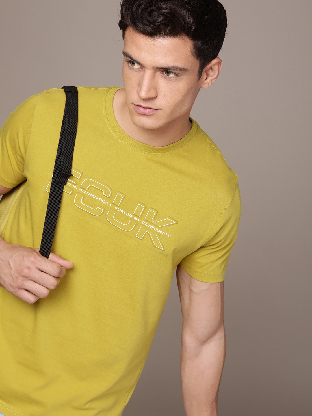 

FCUK Men Pure Cotton Brand Logo Embossed Effect Round Neck T-shirt, Mustard