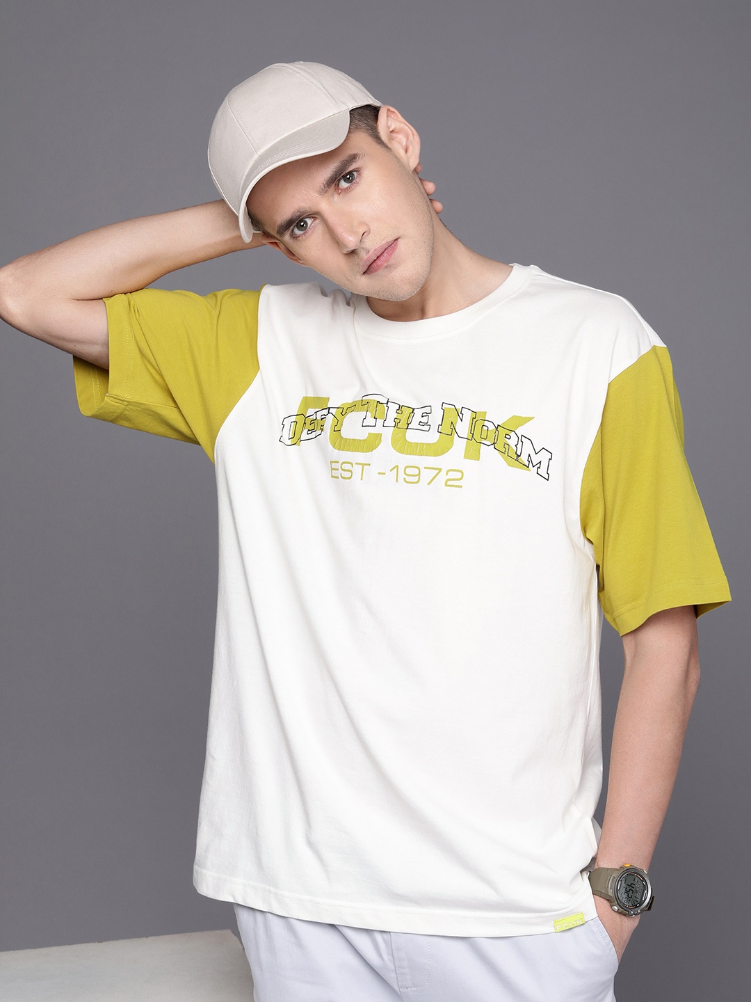 

FCUK Typography Printed Pure Cotton Oversized Fit Casual T-shirt, White
