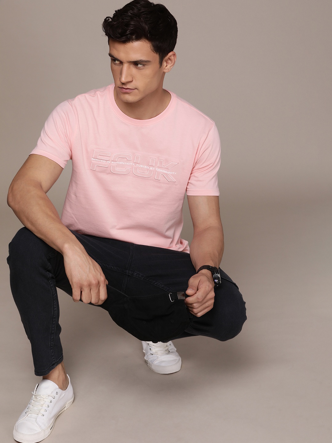 

FCUK Men Pure Cotton Brand Logo Embossed Effect Round Neck T-shirt, Pink