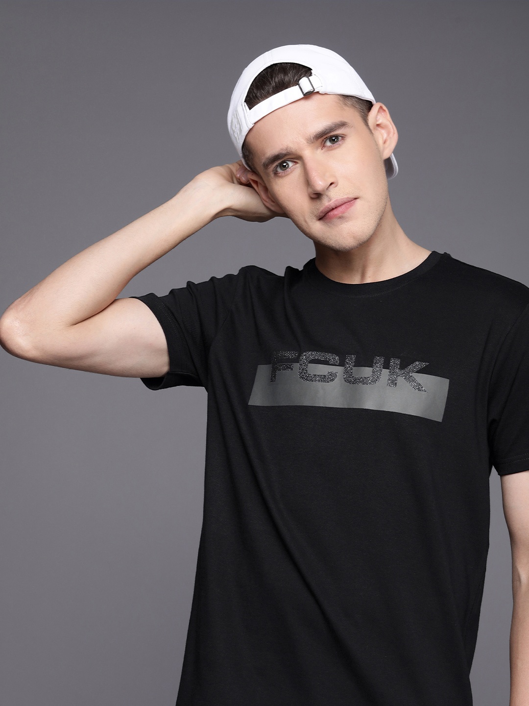 

FCUK Brand Logo Embellished Pure Cotton Casual T-shirt, Black