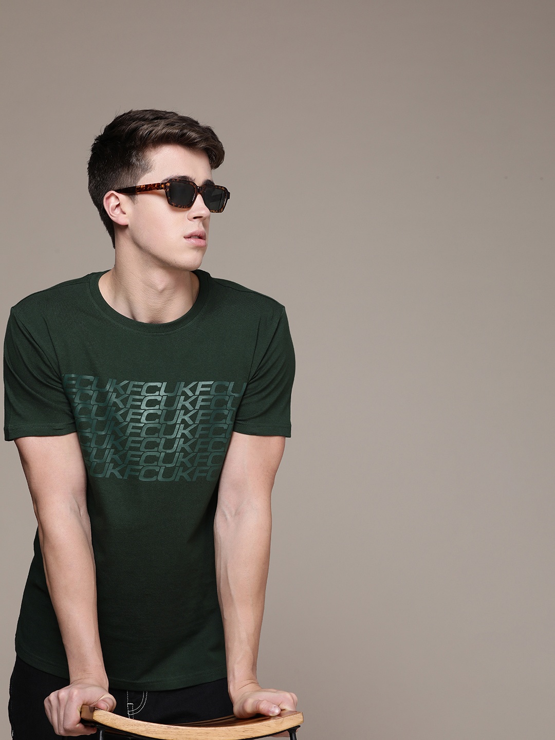 

FCUK Round Neck Typography Printed Pure Cotton T-shirt, Green