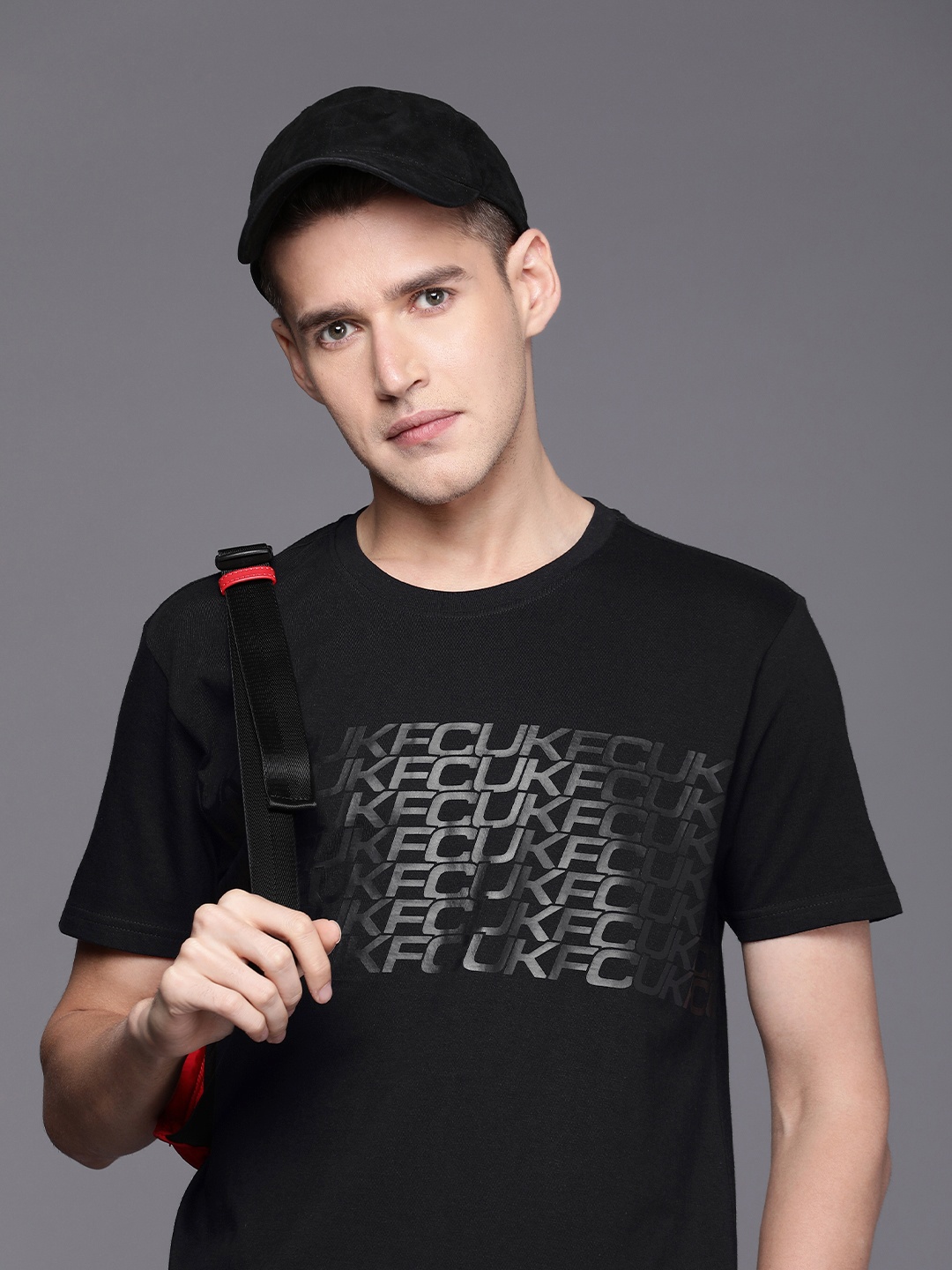 

FCUK Men Pure Cotton Brand Logo Printed T-shirt, Black