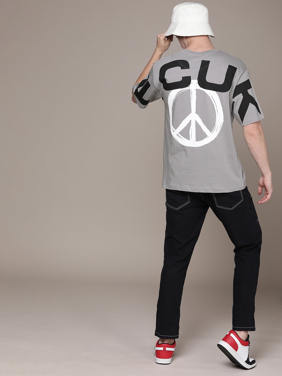 FCUK Round Neck Graphic Printed Oversized Fit Pure Cotton T-shirt, Grey