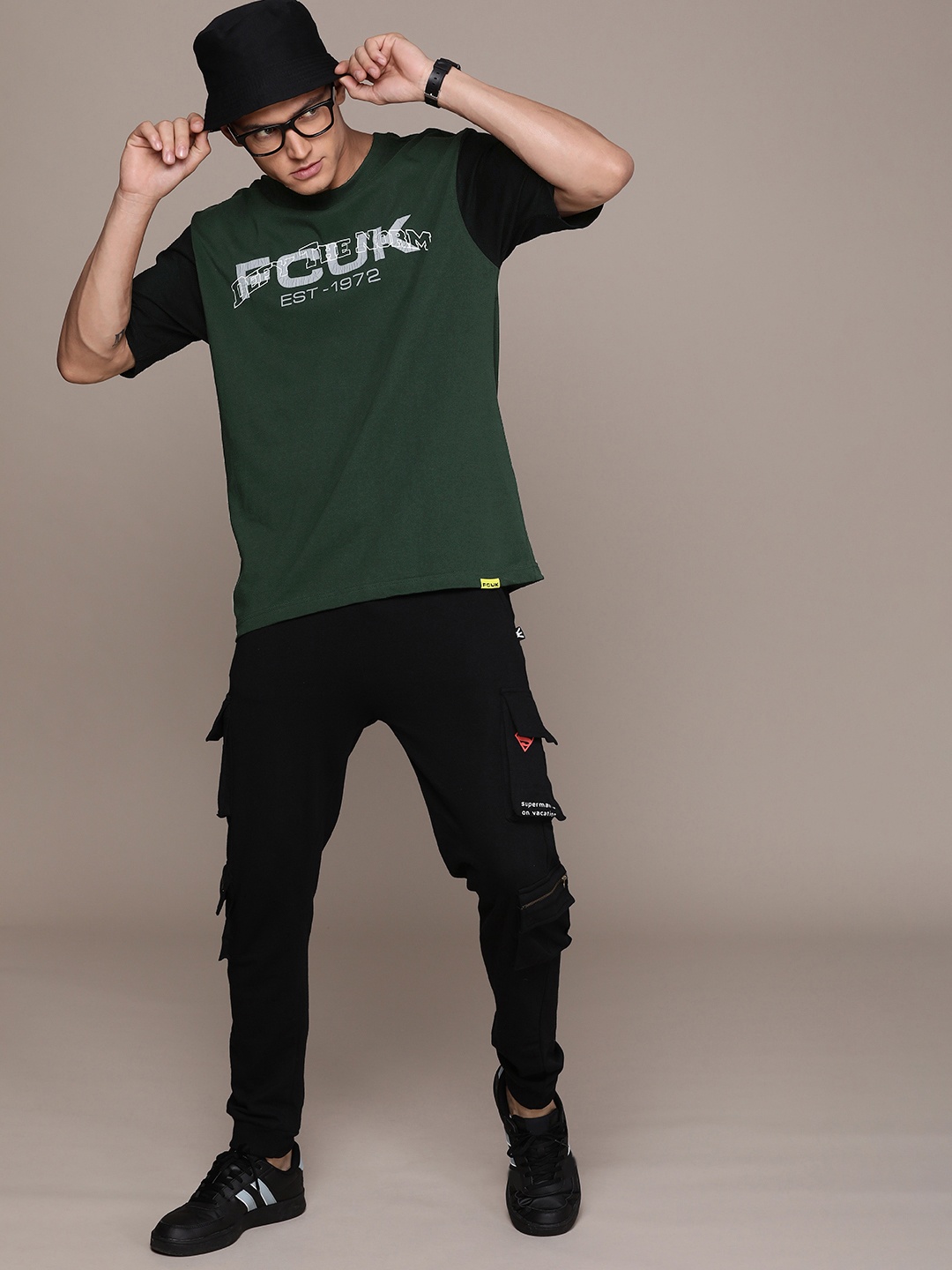 

FCUK Men Pure Cotton Brand Logo Printed Oversized Fit T-shirt With Contrast Sleeves, Olive