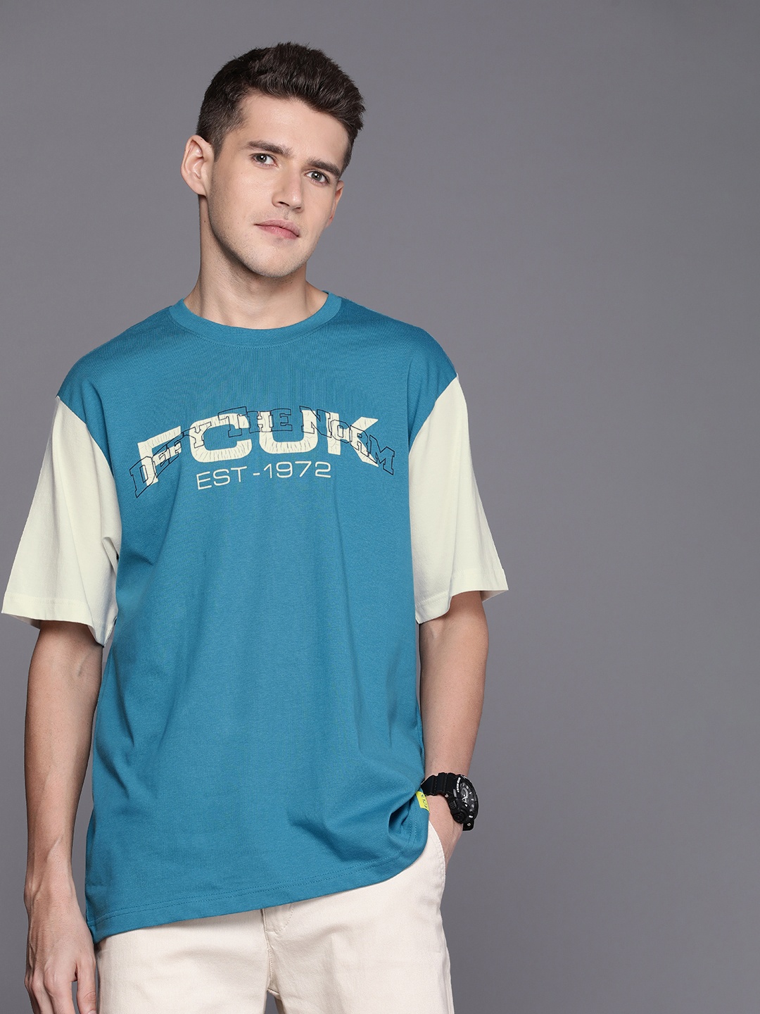 

FCUK Men Pure Cotton Brand Logo Printed Drop-Shoulder Sleeves Oversized Fit T-shirt, Blue