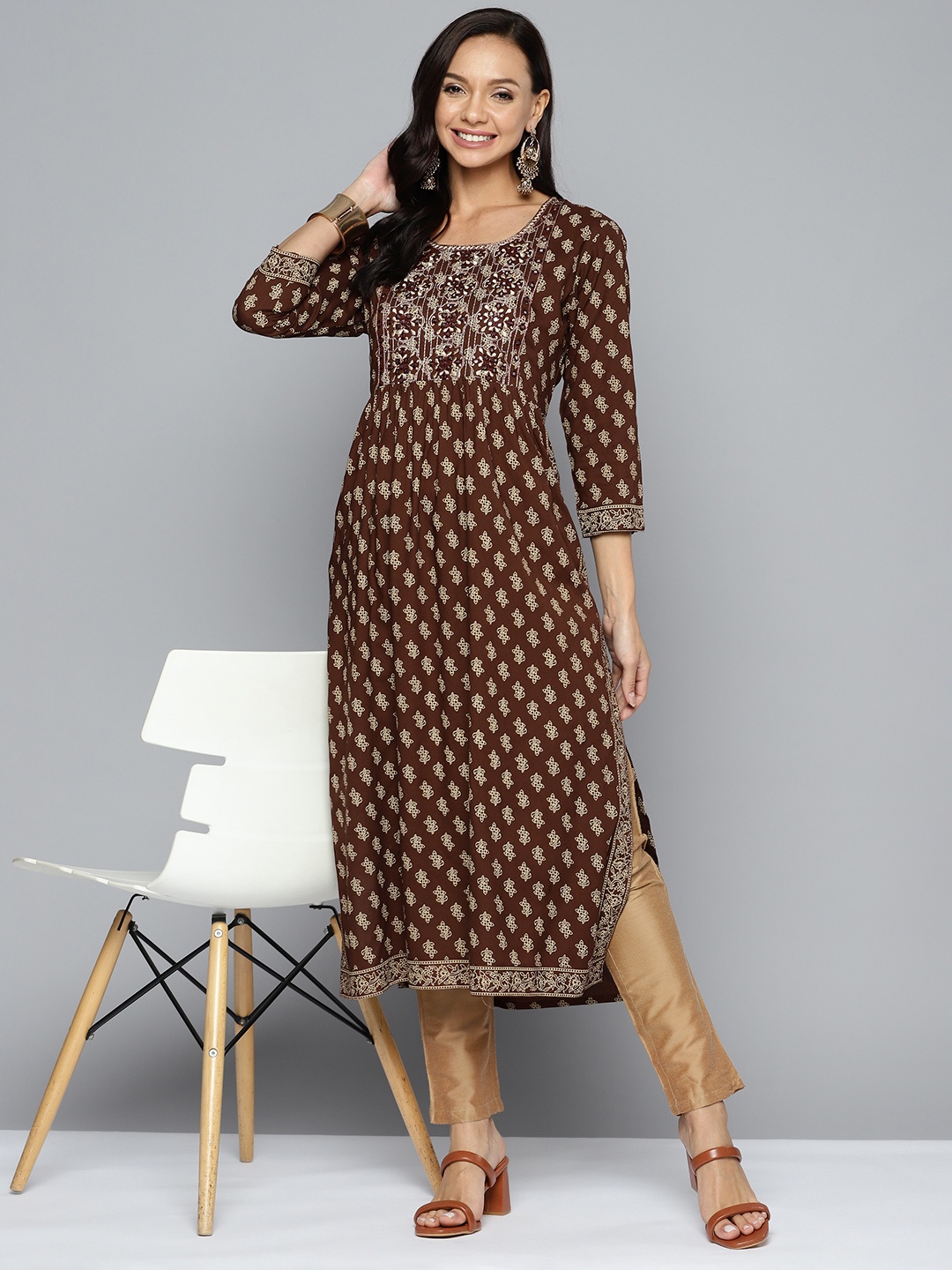 

HERE&NOW Ethnic Motifs Printed Mirror Work Yoke Design Kurta, Coffee brown