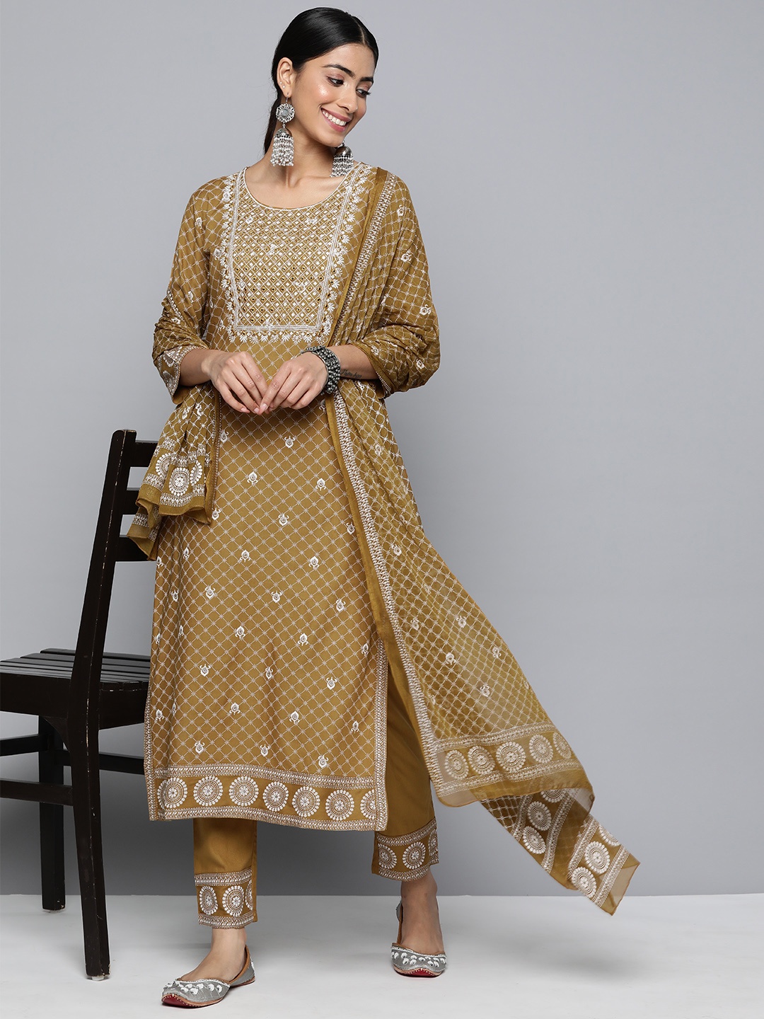 

HERE&NOW Women Ethnic Motifs Yoke Design Kurta with Trousers & Dupatta, Mustard