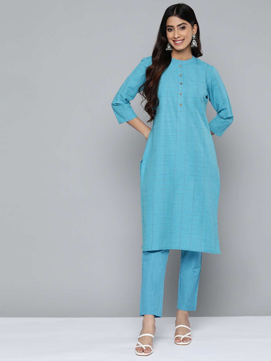 

HERE&NOW Striped Woven Design Kurta with Trousers, Blue