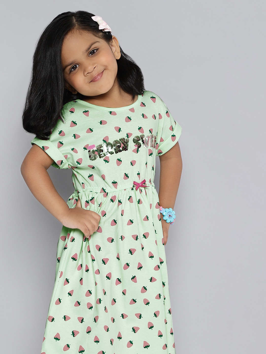 

HERE&NOW Girls Conversational Printed Pure Cotton Sequinned Fit & Flare Dress, Green