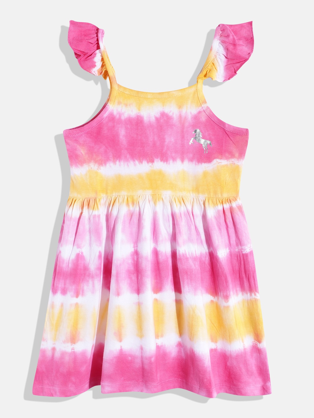 

HERE&NOW Girls Tie & Dye Pure Cotton Gathered Detail Empire Dress, Pink