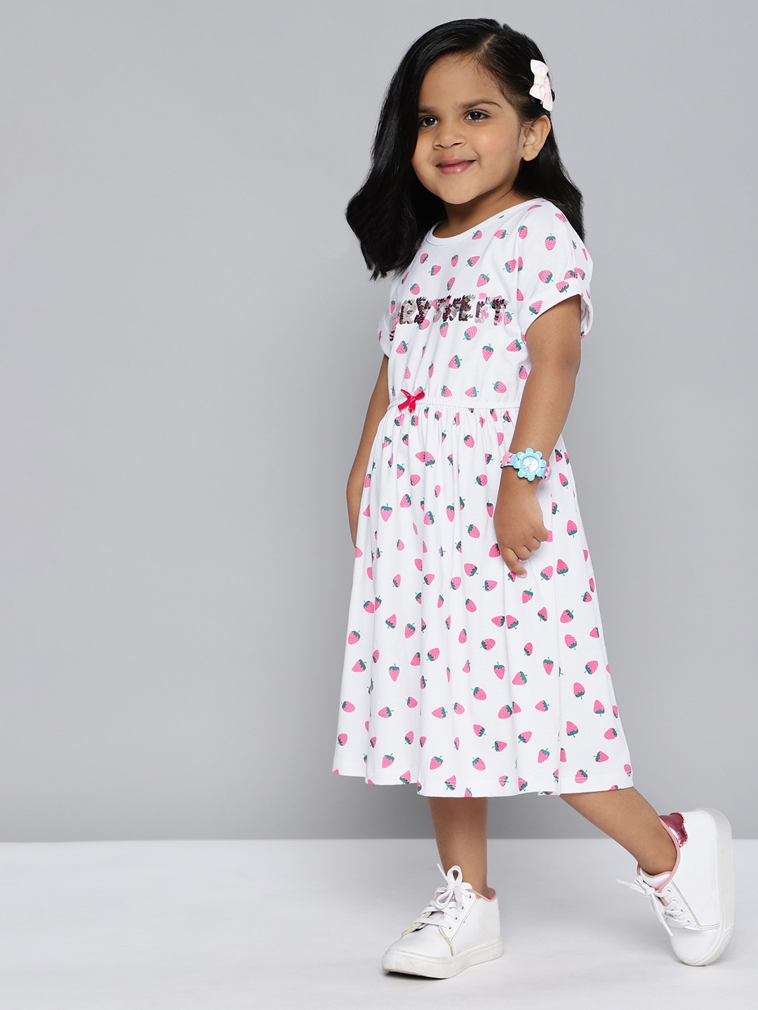 

HERE&NOW Girls Conversational Printed Pure Cotton Sequinned Fit & Flare Dress, White
