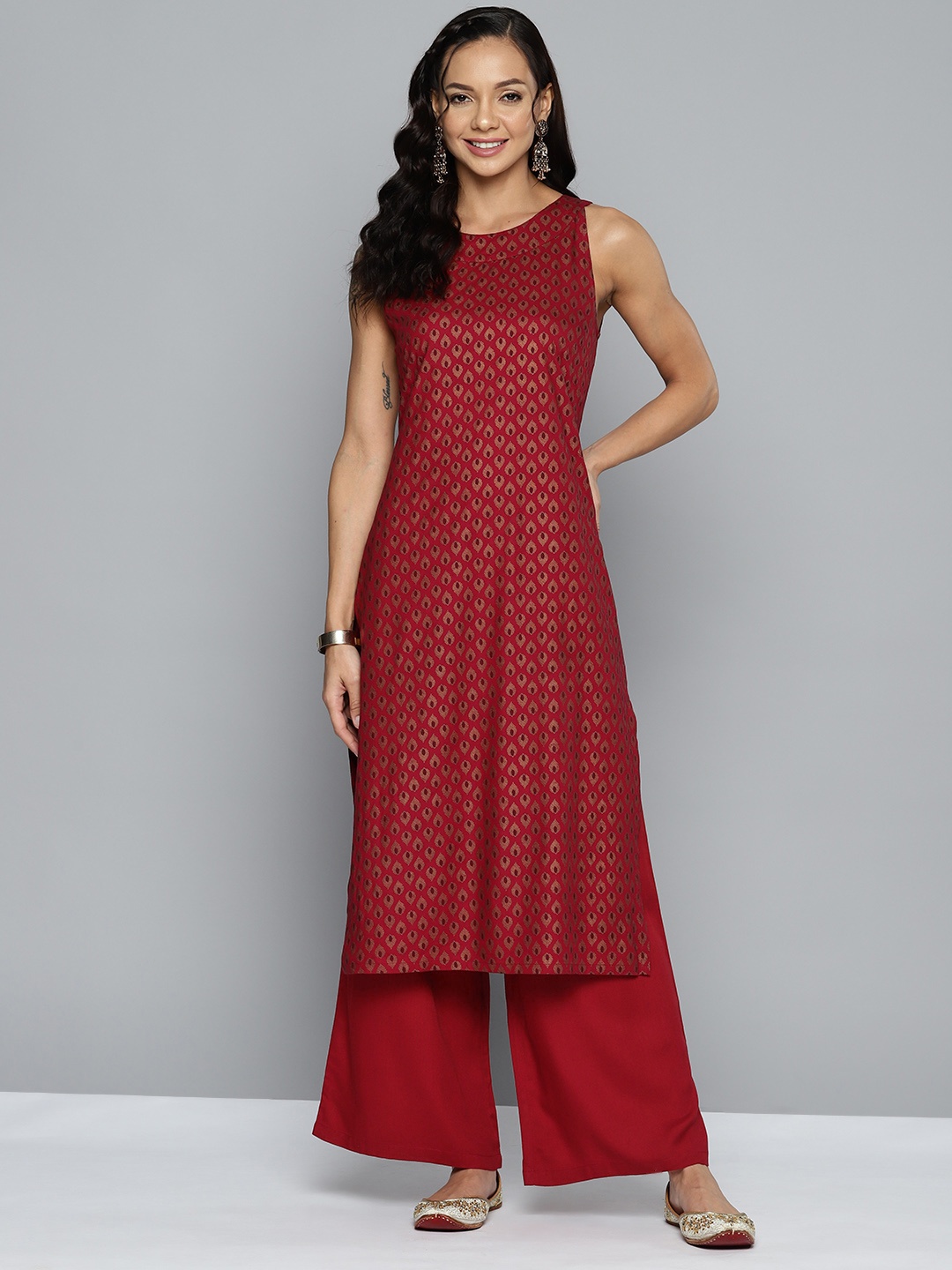 

HERE&NOW Women Ethnic Motifs Printed Regular Kurta with Palazzos, Maroon