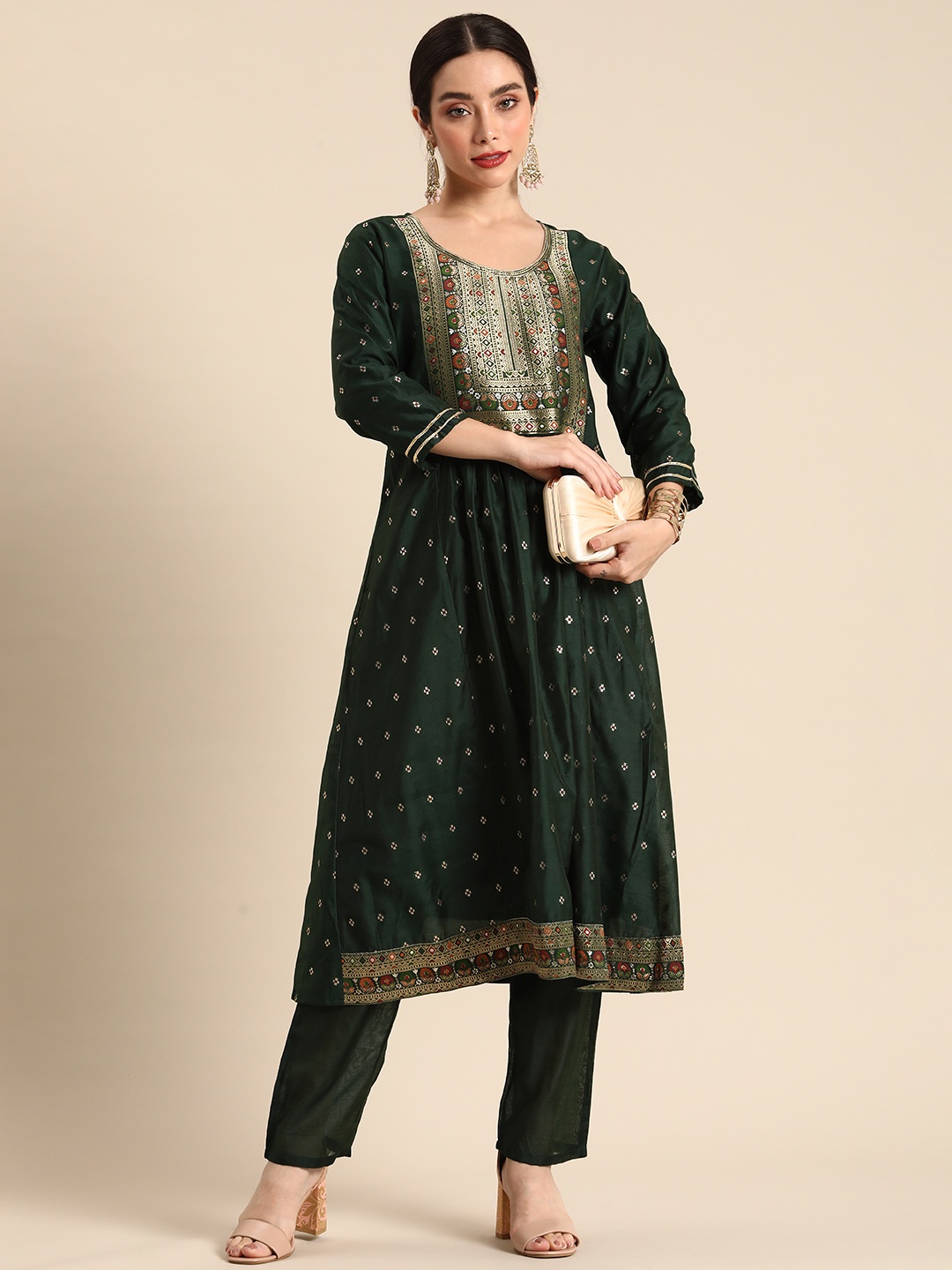 

all about you Pleated Chanderi Silk Kurta with Trousers, Green