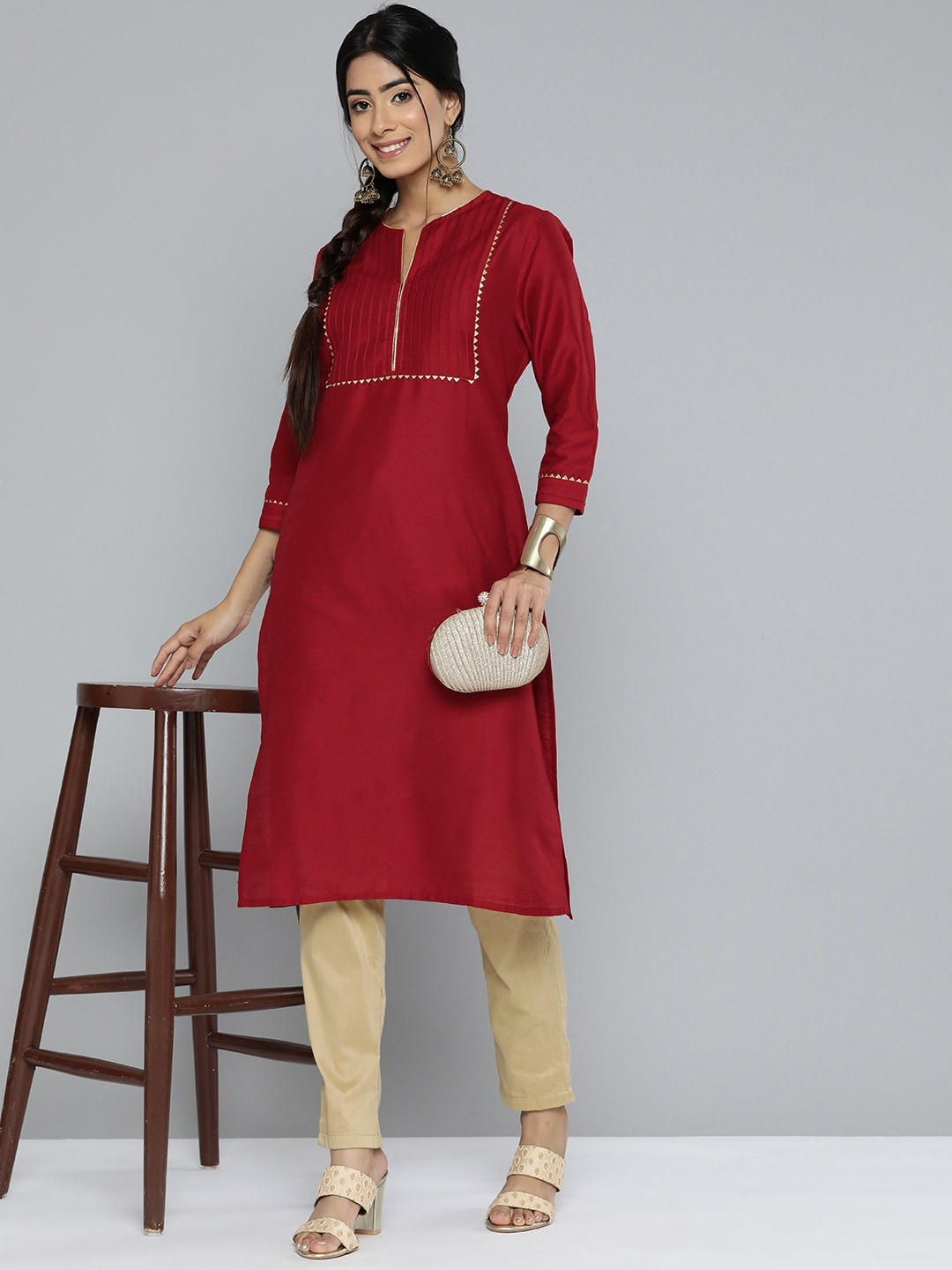 

HERE&NOW Solid Gotta Patti Pleated Kurta, Maroon