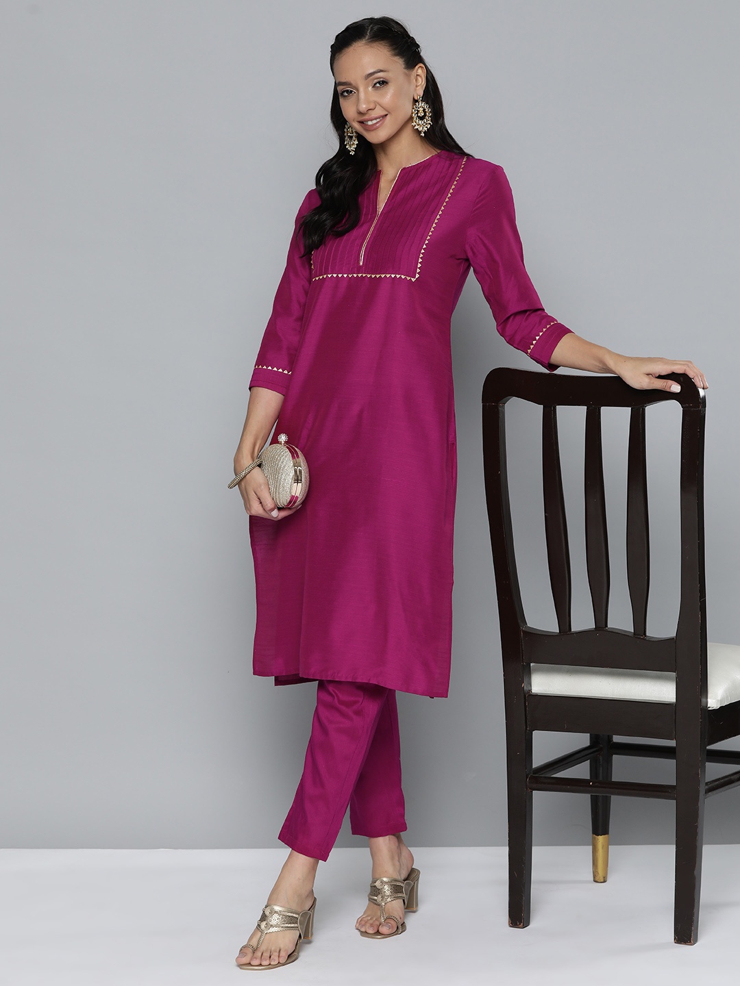 

HERE&NOW Gotta Patti Regular Kurta with Trousers, Magenta
