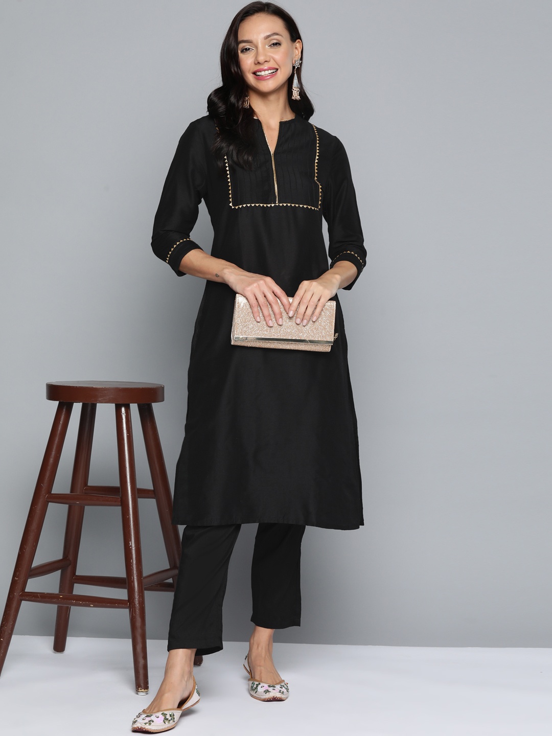 

HERE&NOW Gotta Patti & Pleated Detail A-Line Kurta with Trousers, Black