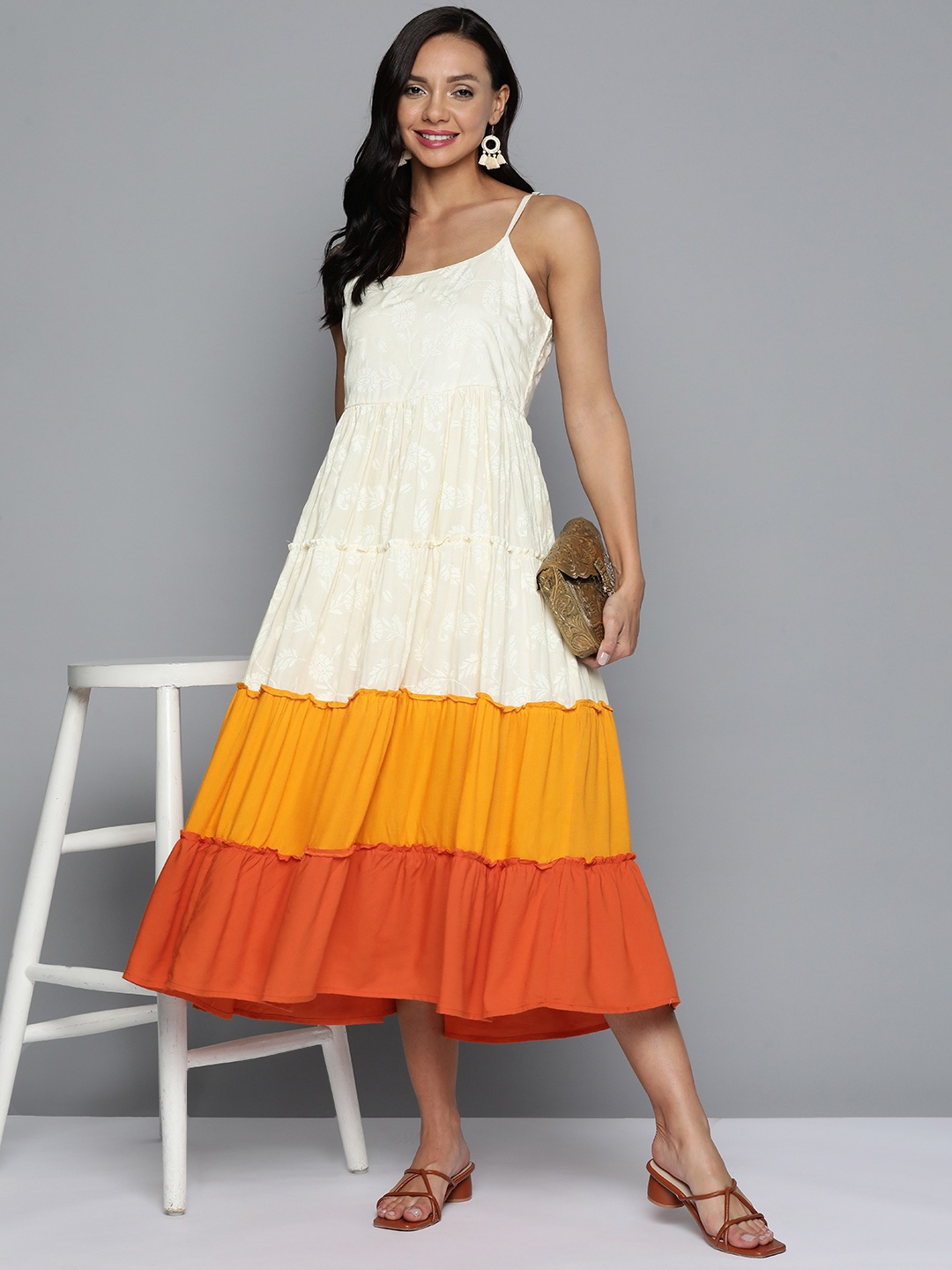 

HERE&NOW Self Design Tiered Ethnic Midi Dress, Off white