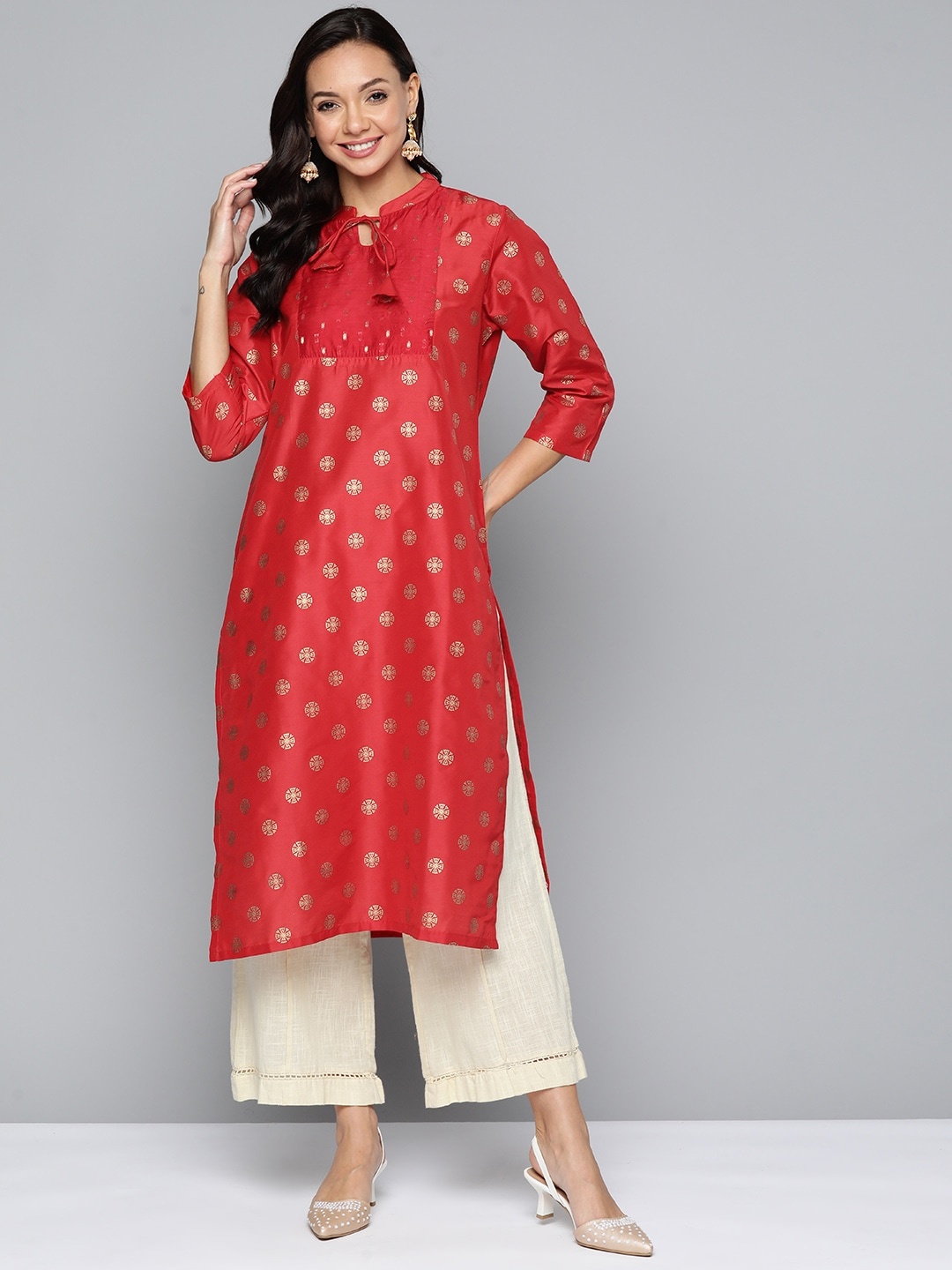 

HERE&NOW Mandarin Collar Ethnic Motifs Printed Kurta, Red