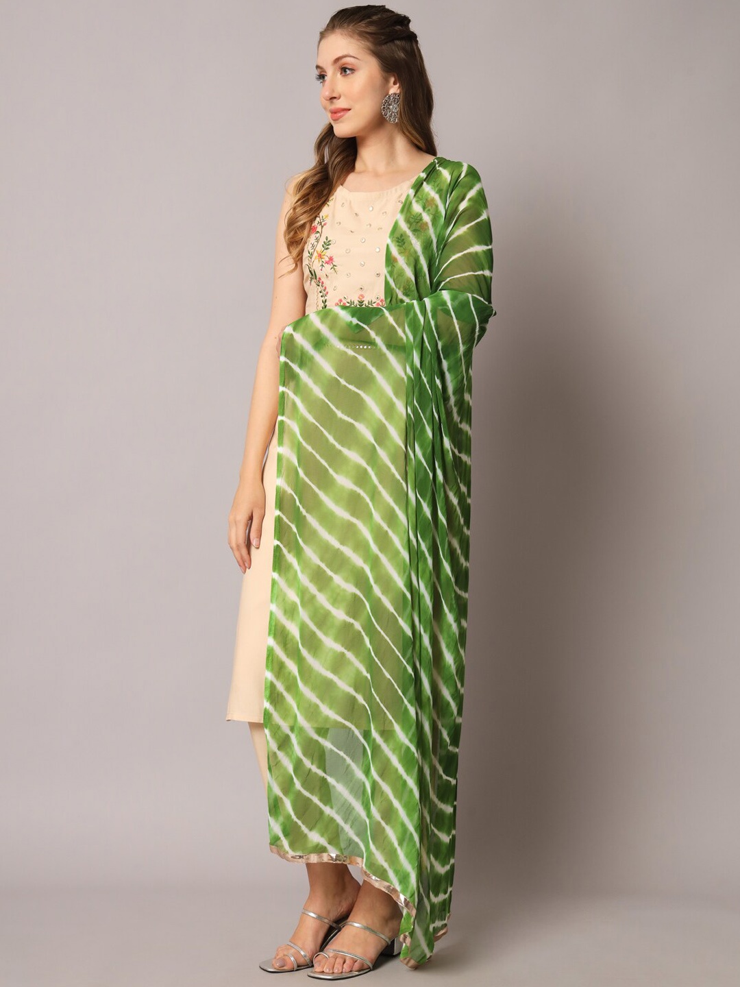 

KALINI Floral Embroidered Mirror Work Kurta with Trousers & Dupatta, Beige