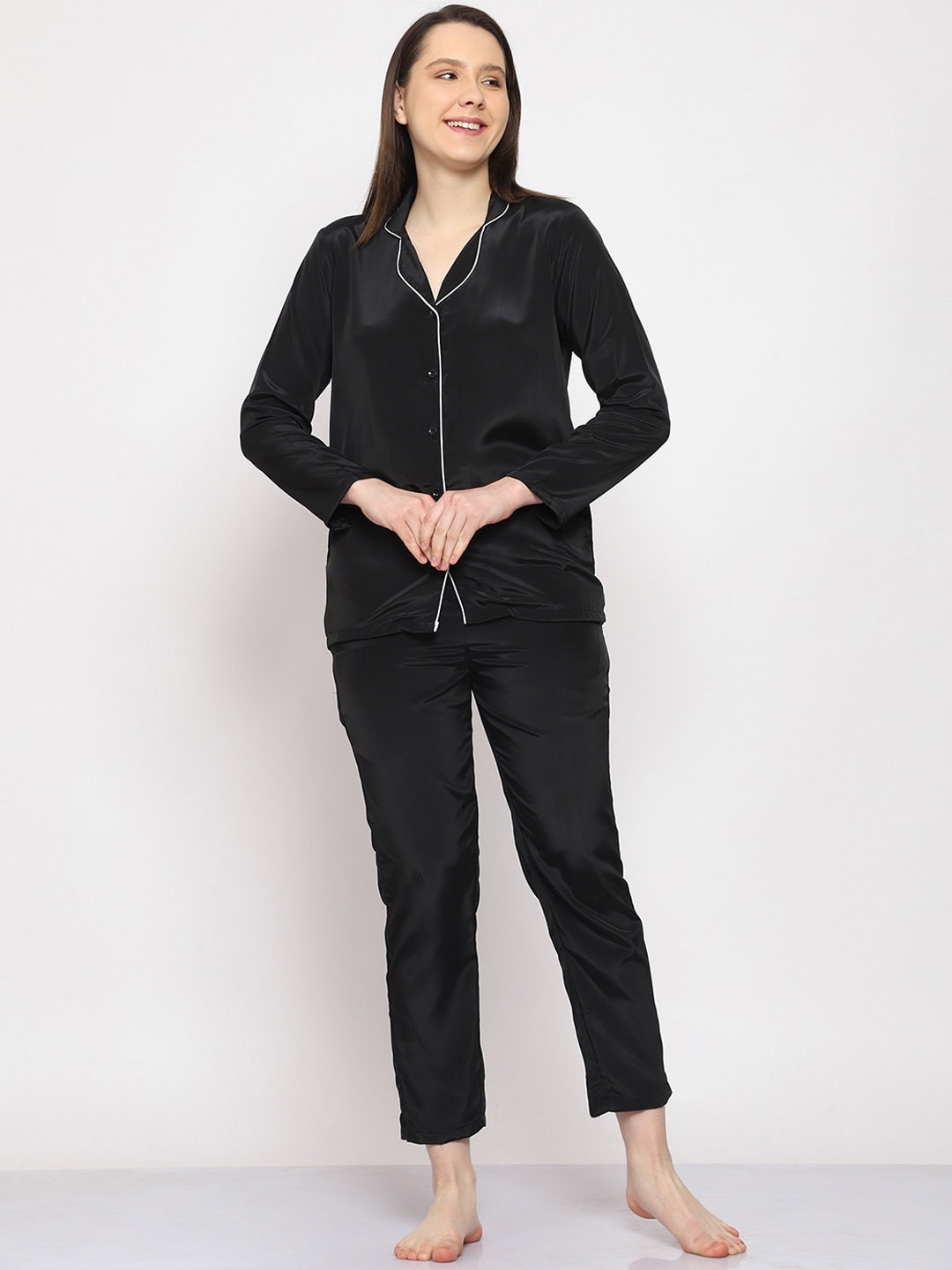 

Urban Komfort Lapel Collar Satin Night Suit, Black