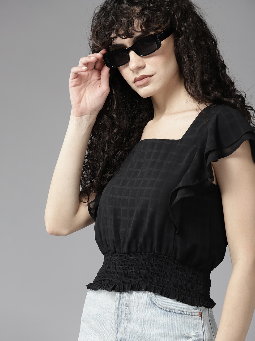 

The Roadster Lifestyle Co. Checked Blouson Top, Black