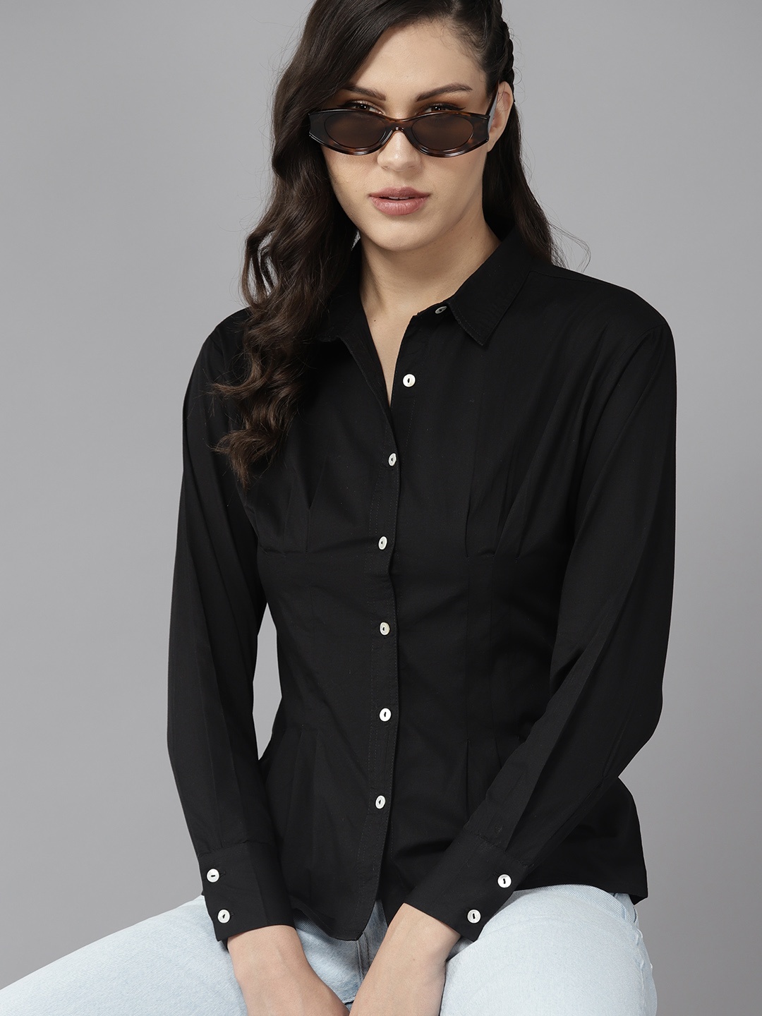 

The Roadster Lifestyle Co. Women Pleated Pure Cotton Casual Shirt, Black