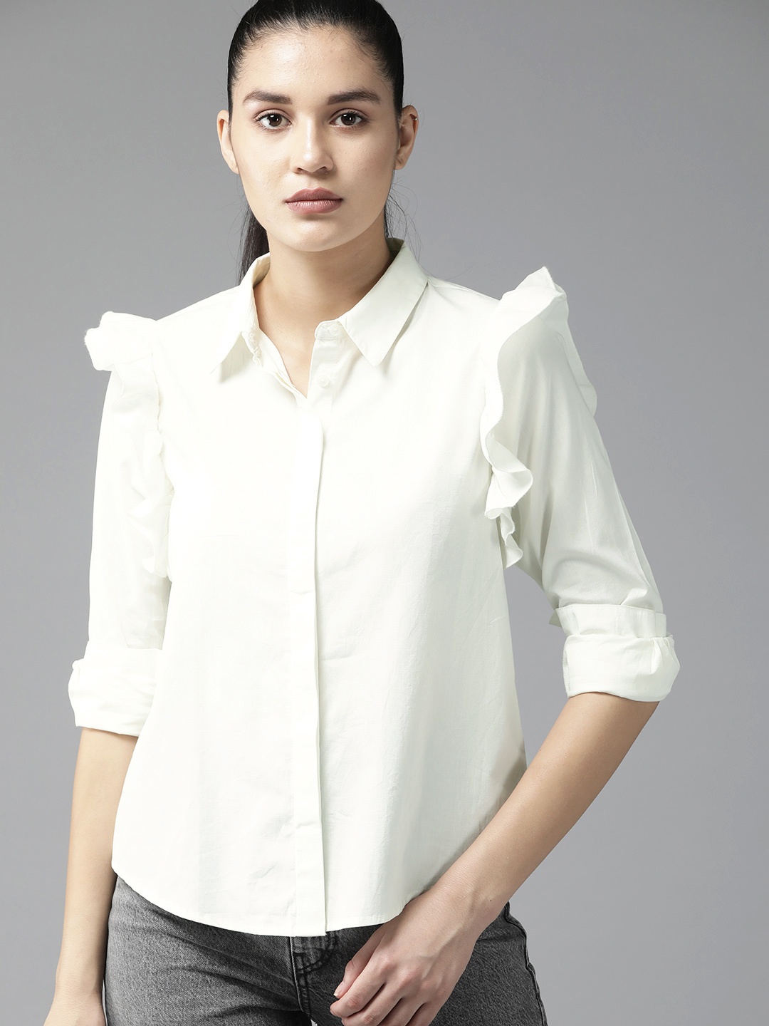 

The Roadster Lifestyle Co. Women Pure Cotton Solid Ruffles Casual Shirt, White