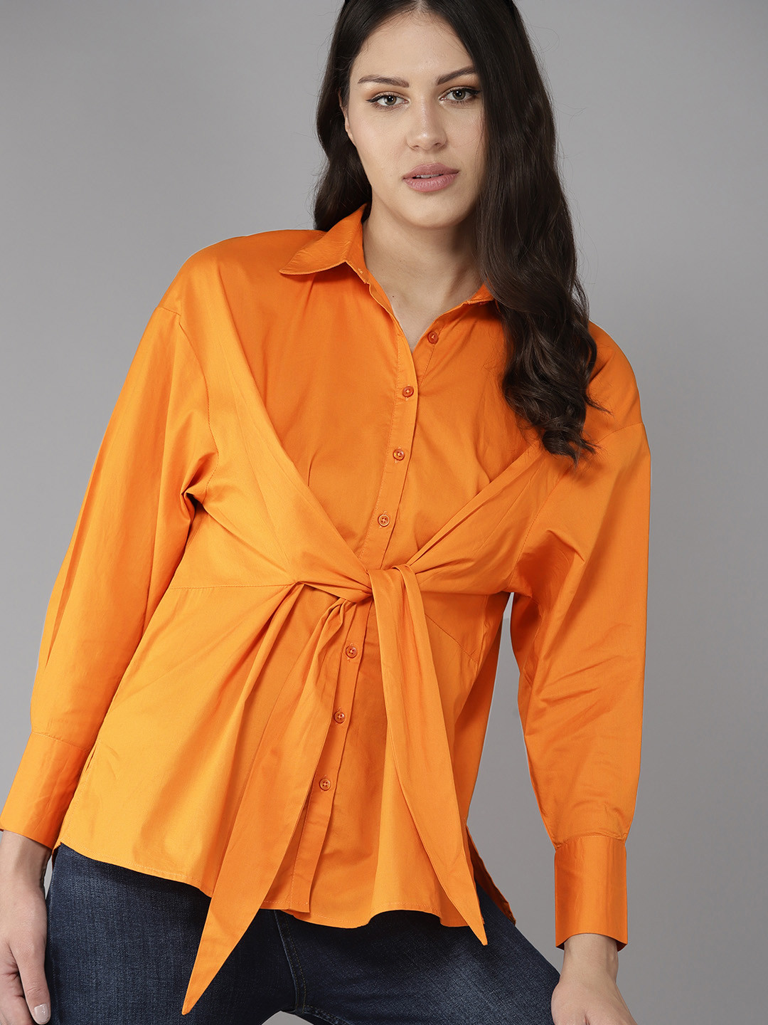 

The Roadster Lifestyle Co. Women Solid Tie-Up Knot Detail Pure Cotton Casual Shirt, Orange