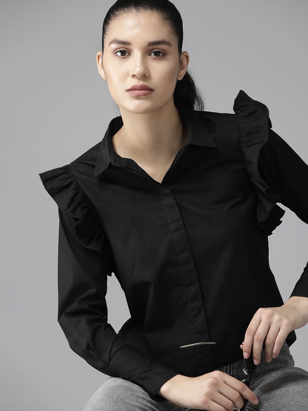 

The Roadster Lifestyle Co. Women Pure Cotton Solid Ruffles Casual Shirt, Black