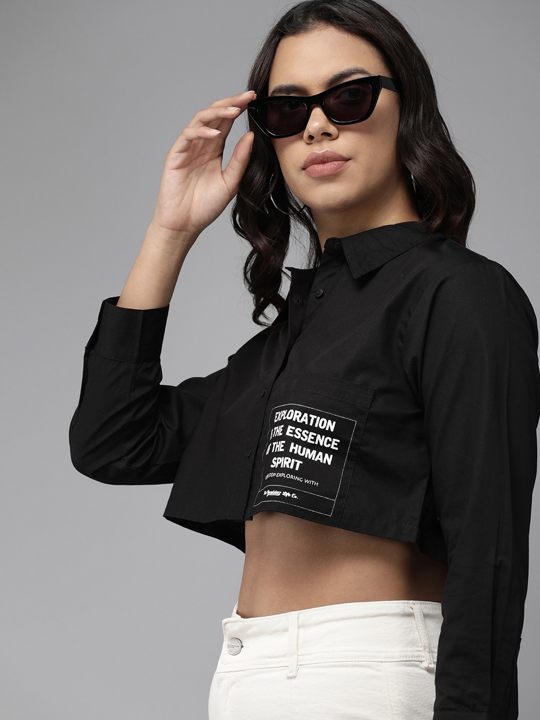 

The Roadster Life Co. Boxy Printed Pure Cotton Crop Casual Shirt, Black