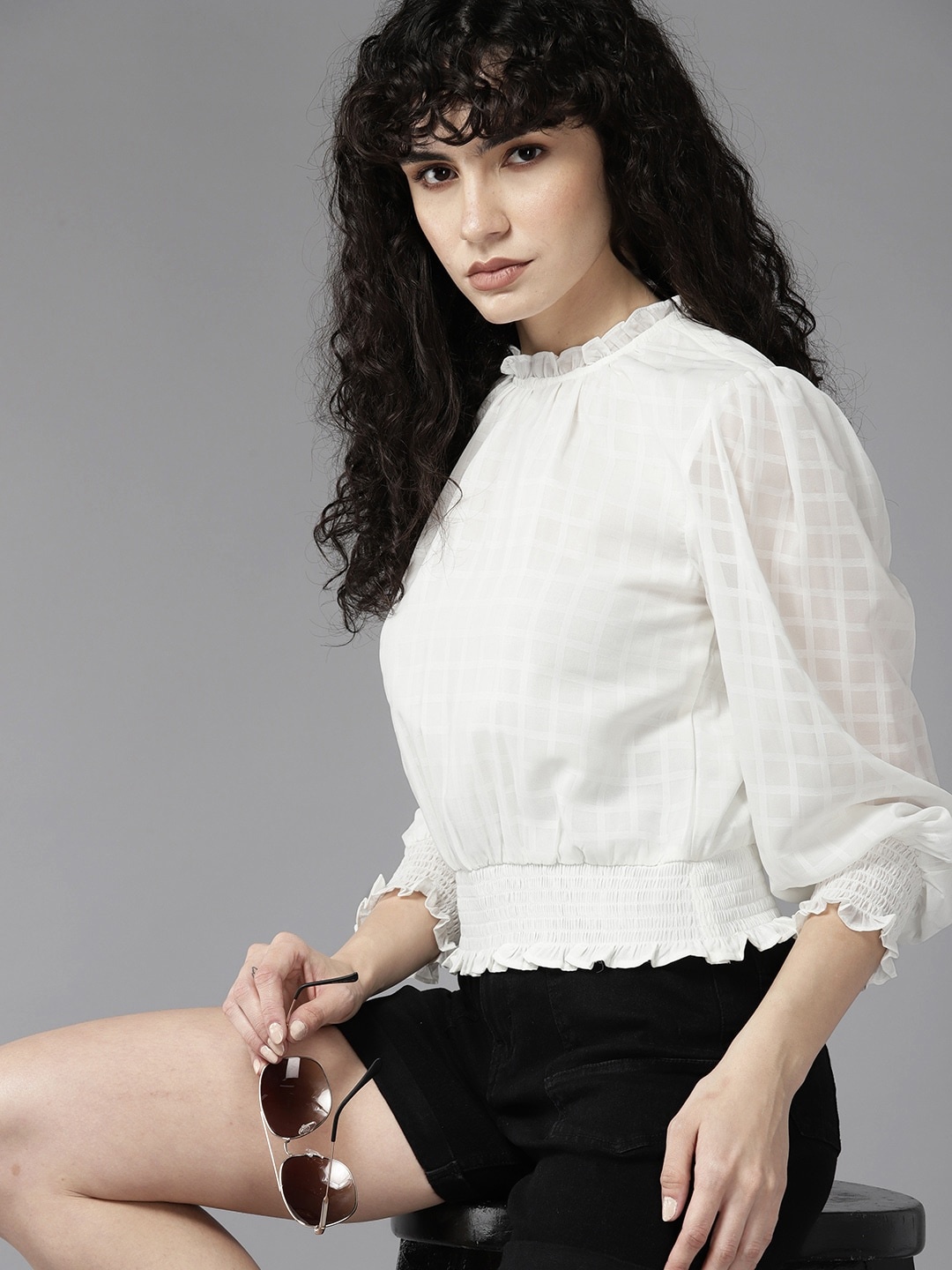 

The Roadster Lifestyle Co. Checked Flutter Sleeve Top, White