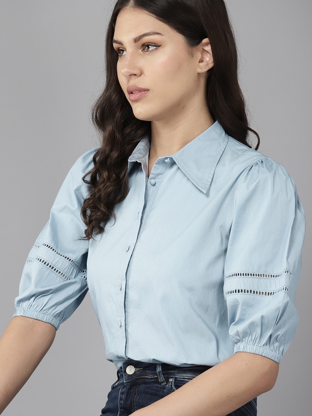 

The Roadster Lifestyle Co. Pure Cotton Lace Inserted Puff Sleeves Shirt, Blue