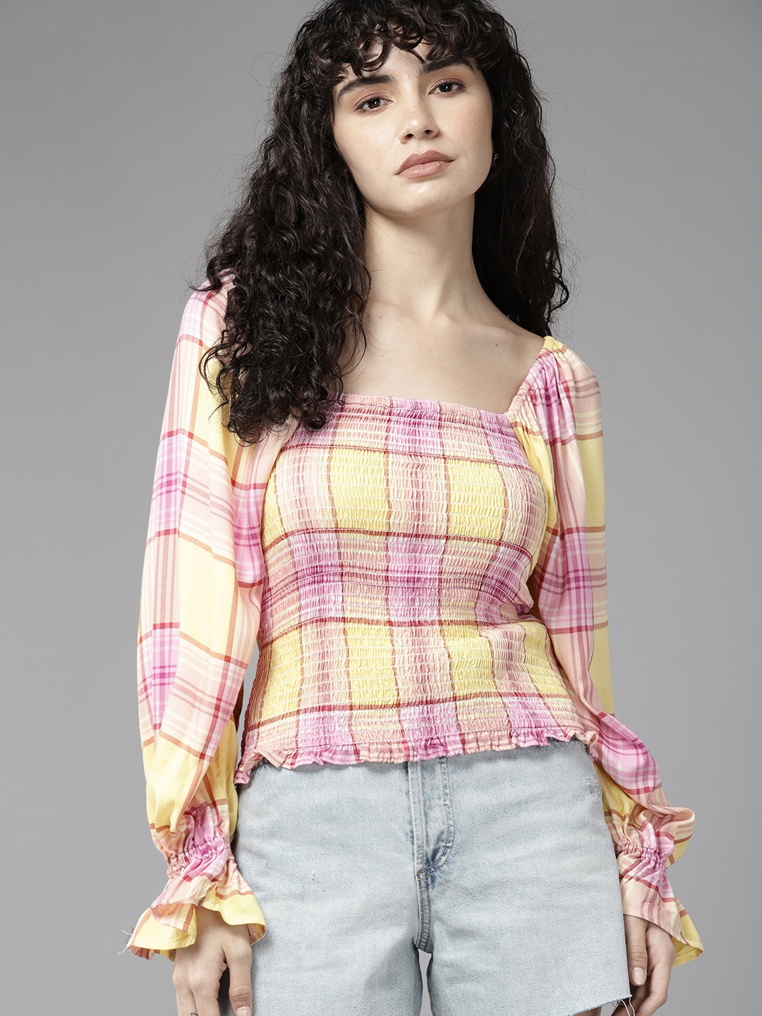 

The Roadster Lifestyle Co. Checked Puff Sleeve Top, Yellow