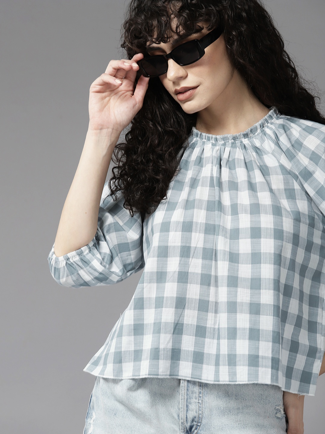 

The Roadster Lifestyle Co. Pure Cotton Checked Puff Sleeve Cotton Top, Blue