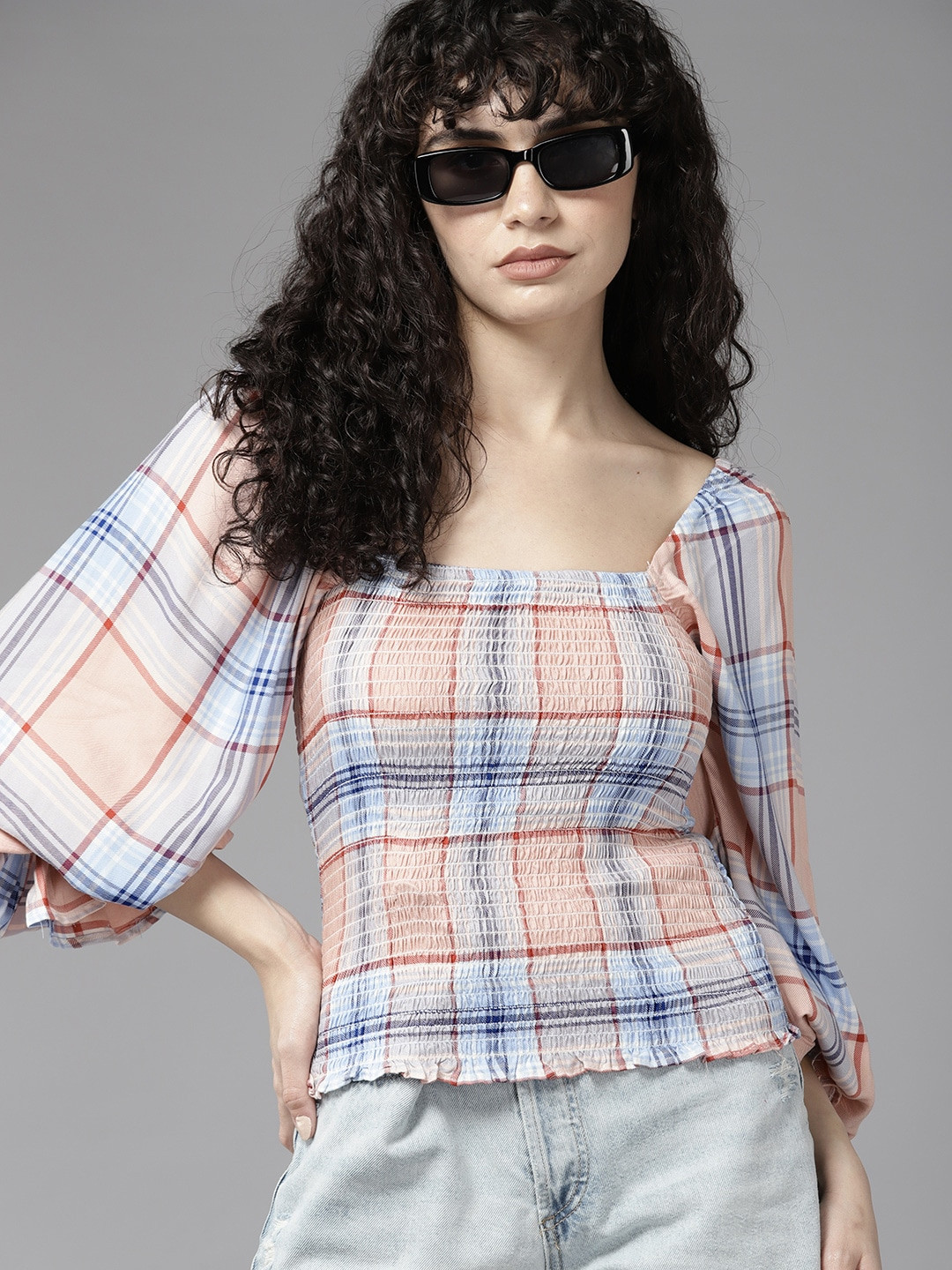 

The Roadster Lifestyle Co. Pure Cotton Checked Puff Sleeve Top, Blue