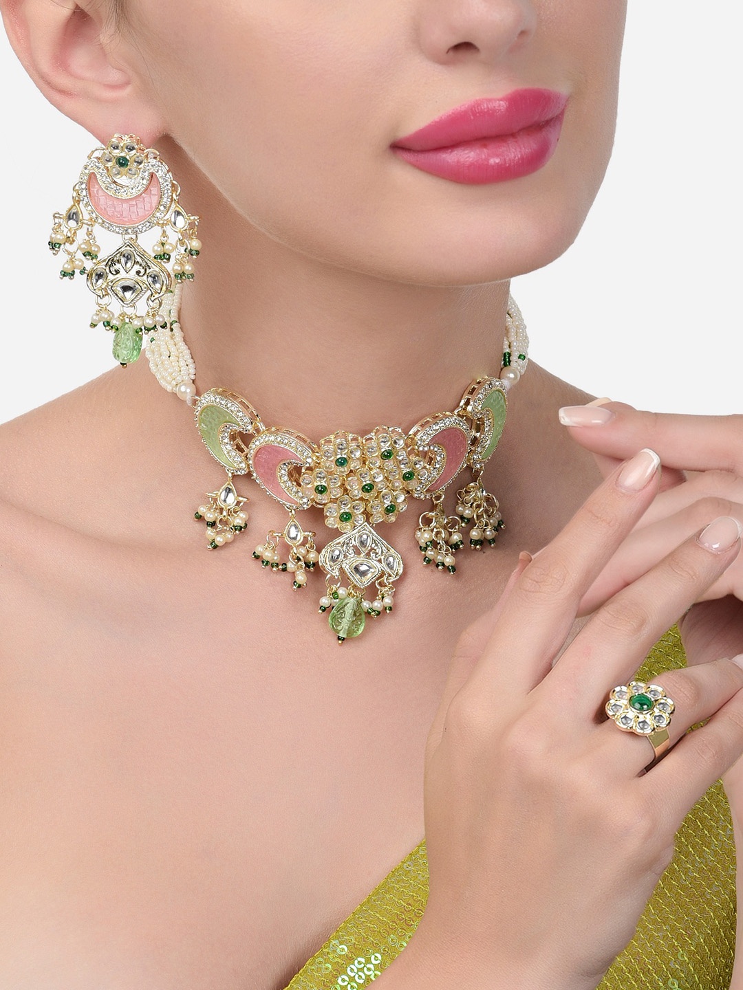 

Zaveri Pearls Gold-Plated Kundan Studded & Beaded Meenakari Jewellery Set, Green