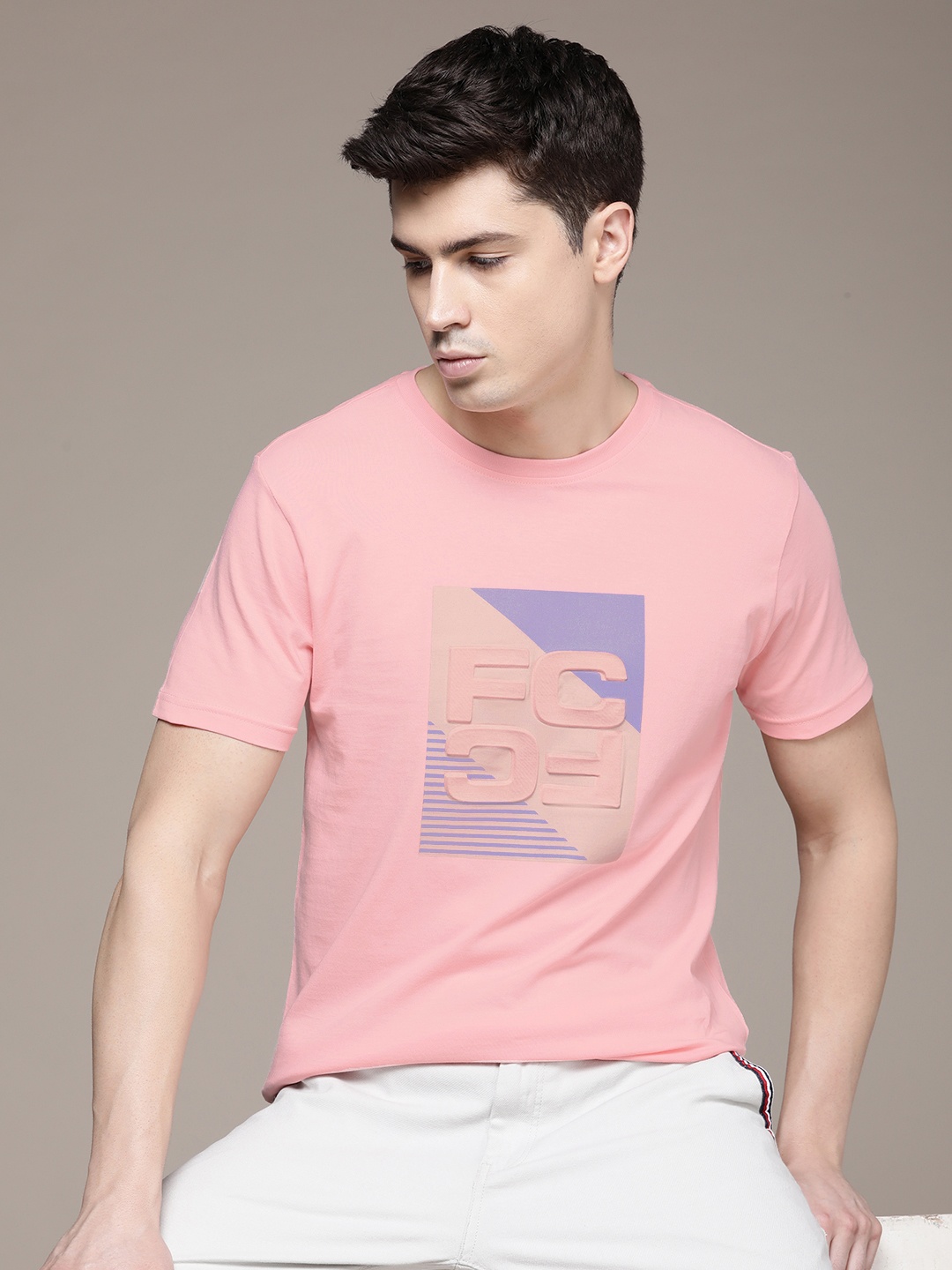 

French Connection Round Neck Printed Pure Cotton Embossed T-shirt, Pink