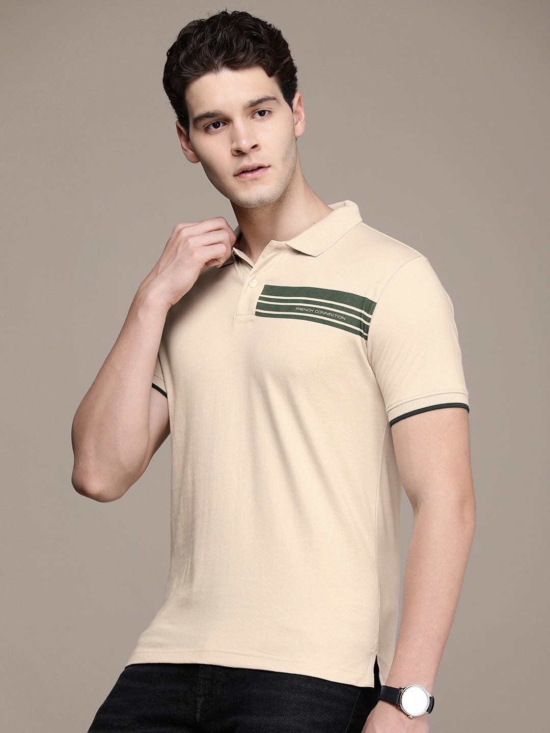 

French Connection Pure Cotton Brand Logo Printed Polo Collar Casual T-shirt, Beige