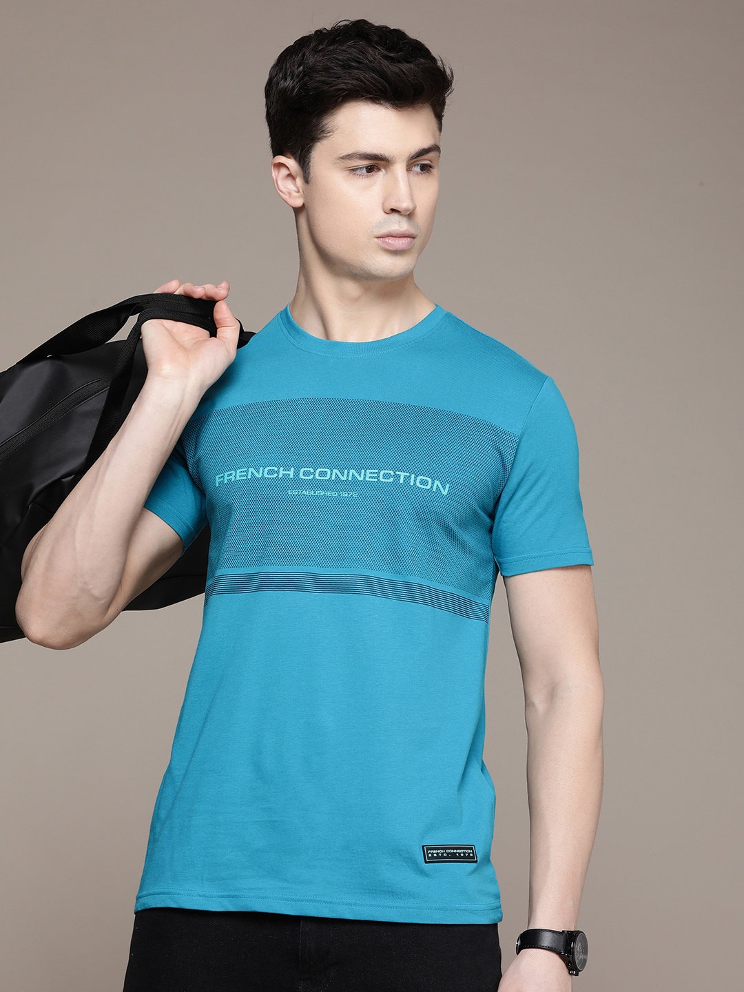 

French Connection Round Neck Typography Printed Pure Cotton T-shirt, Teal