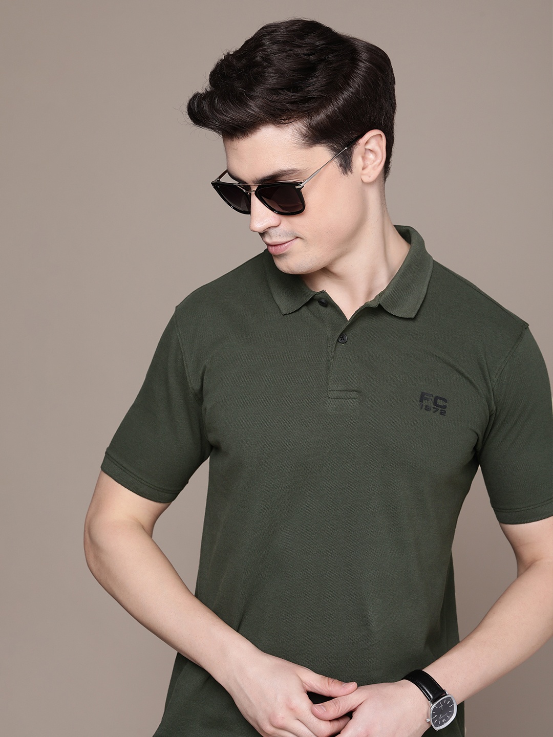 

French Connection Brand Logo Polo Collar Pure Cotton Applique T-shirt, Olive