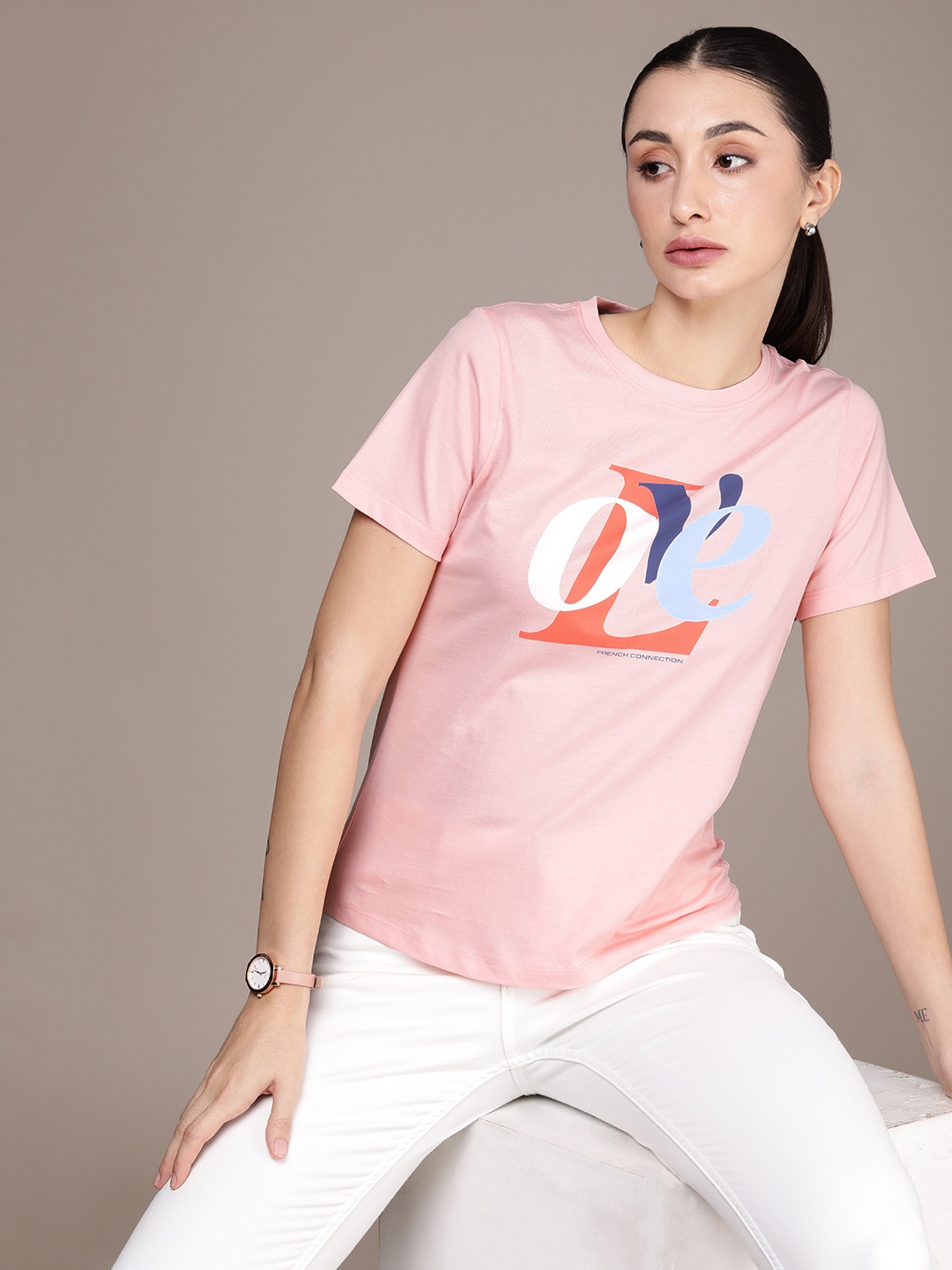 

French Connection Graphic Printed Pure Cotton T-shirt, Pink