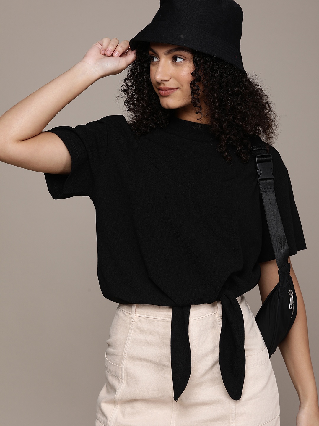 

FCUK Solid Drop Shoulders Round Neck Top With Tie-Up Detail, Black