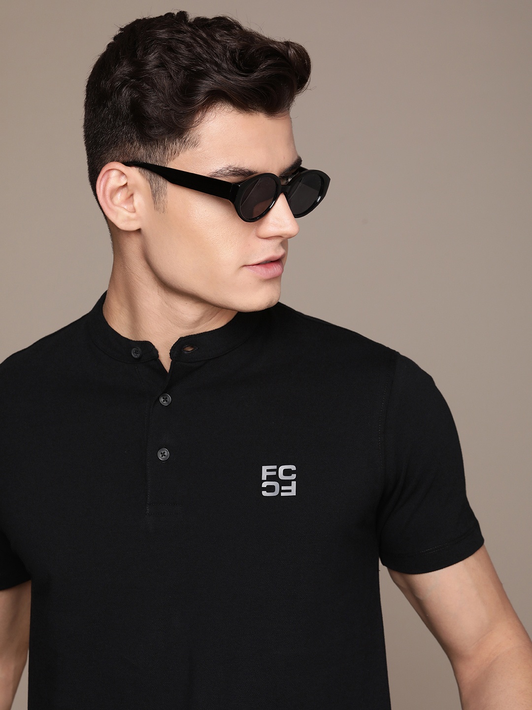 

French Connection Brand Logo Henley Neck Pure Cotton Applique T-shirt, Black