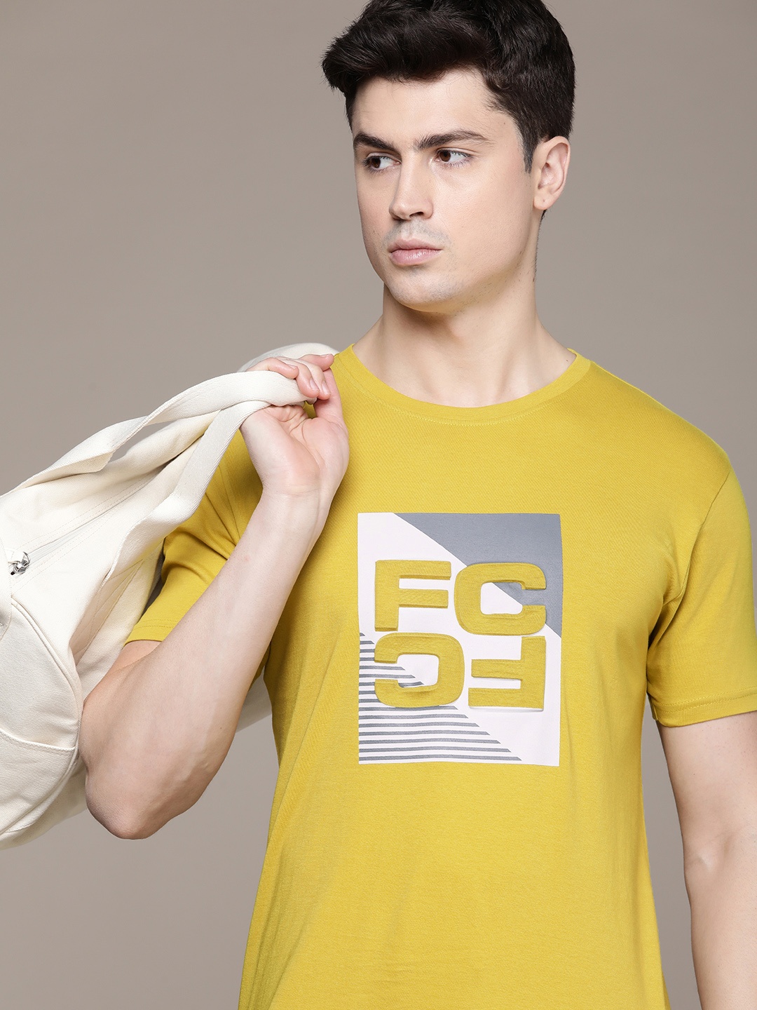 

French Connection Men Pure Cotton Embossed Brand Logo T-shirt, Mustard