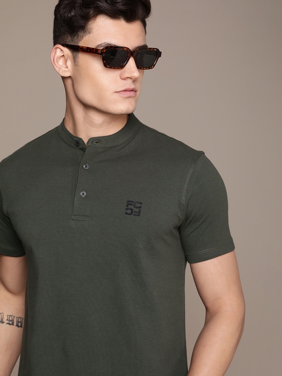

French Connection Brand Logo Henley Neck Pure Cotton Applique T-shirt, Olive